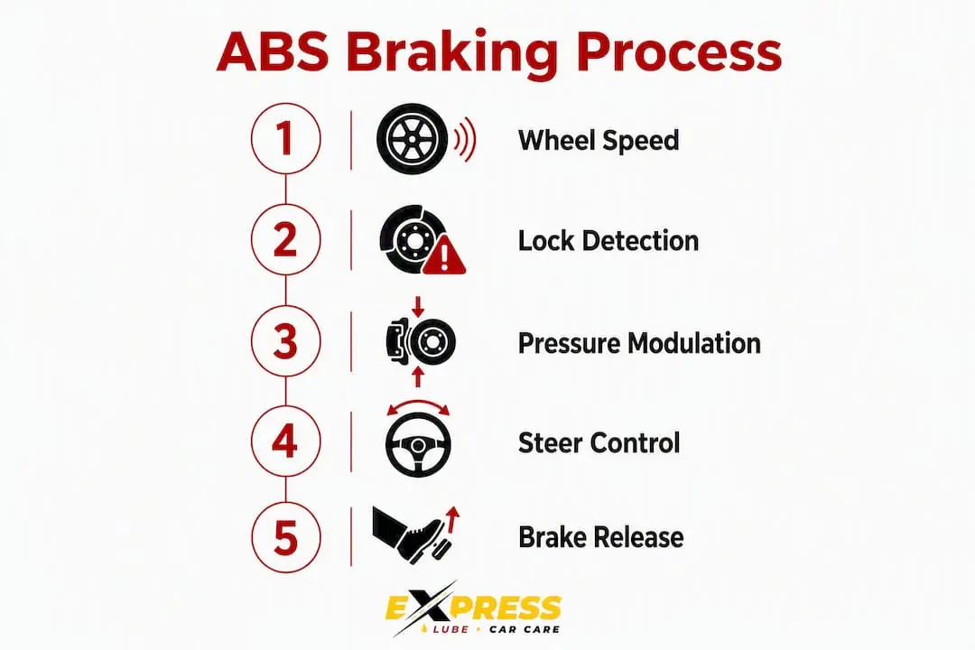 Infographic showing ABS braking process steps from detection to brake release