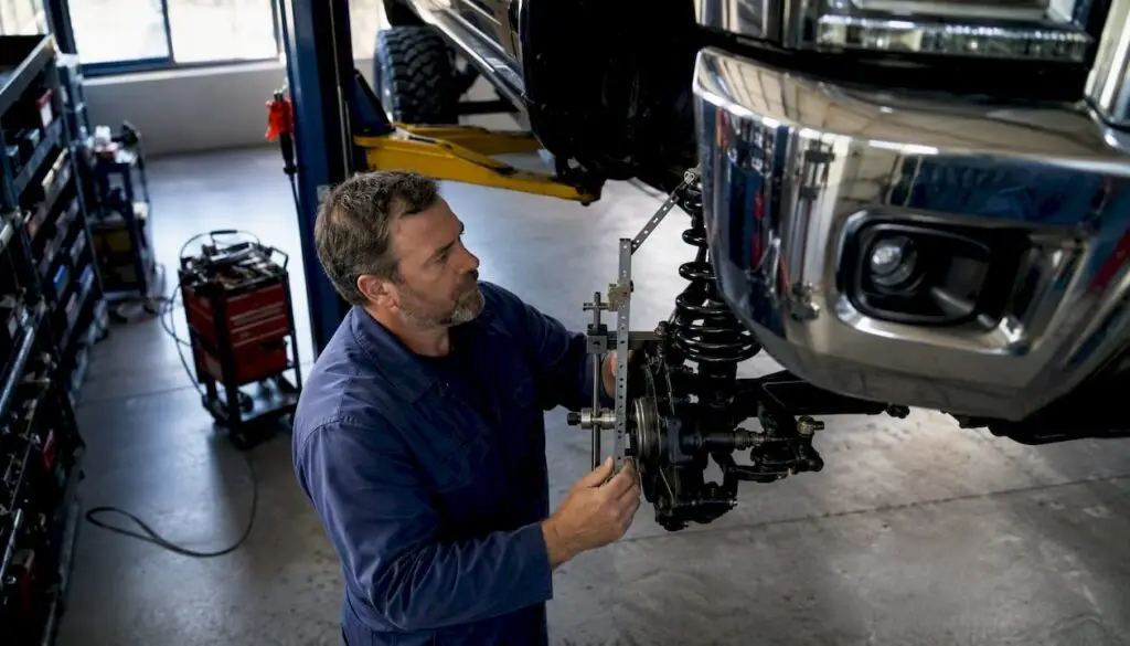 Mechanic checks suspension on lifted truck