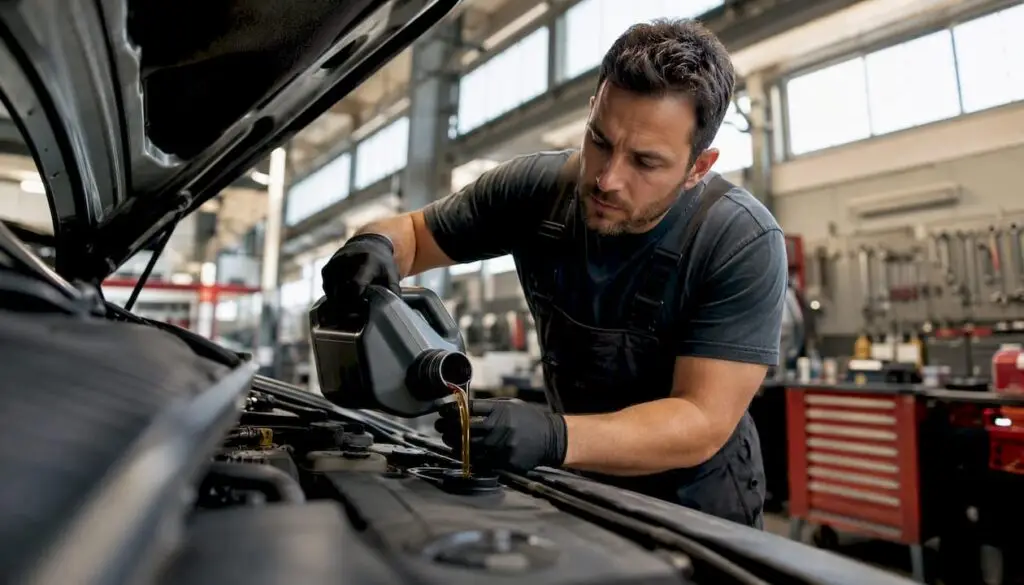 Technician pouring motor oil in fleet vehicle engine