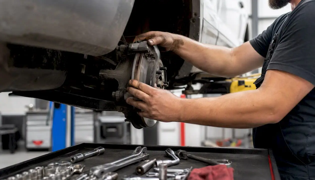 Technician hands tightening brake caliper