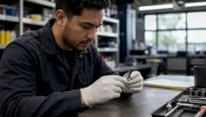 Technician inspecting used spark plug closely