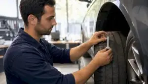Hands measuring rideshare tire tread depth
