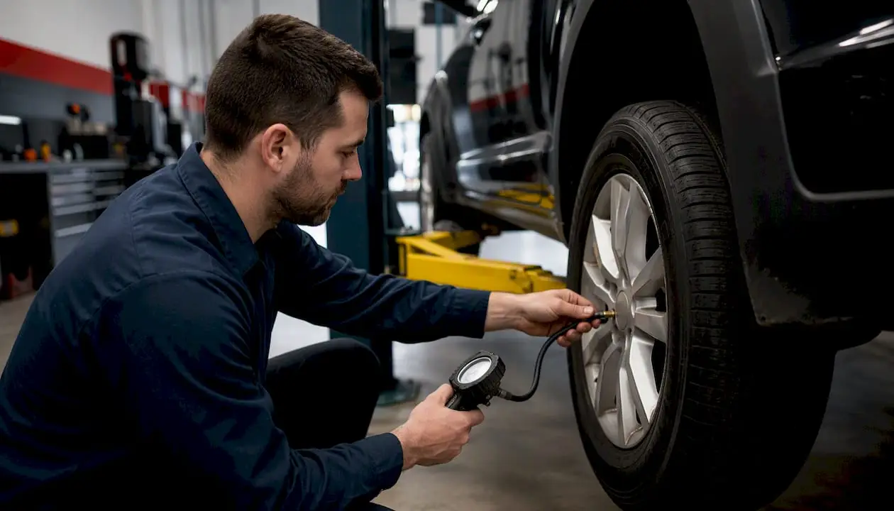 Technician checking tire pressure with gauge