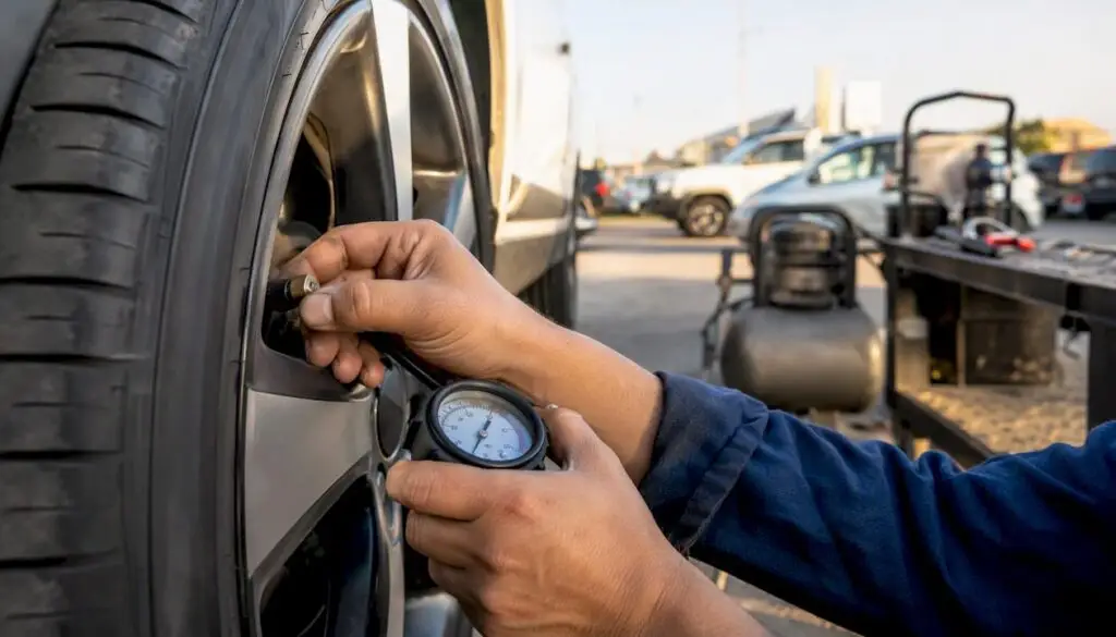 Hands checking tire pressure with gauge