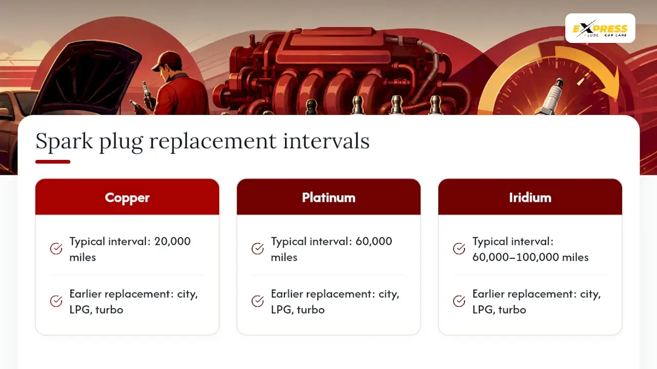 Diagram comparing spark plug replacement intervals by type and driving style