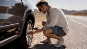 Driver checking tire pressure on hot asphalt