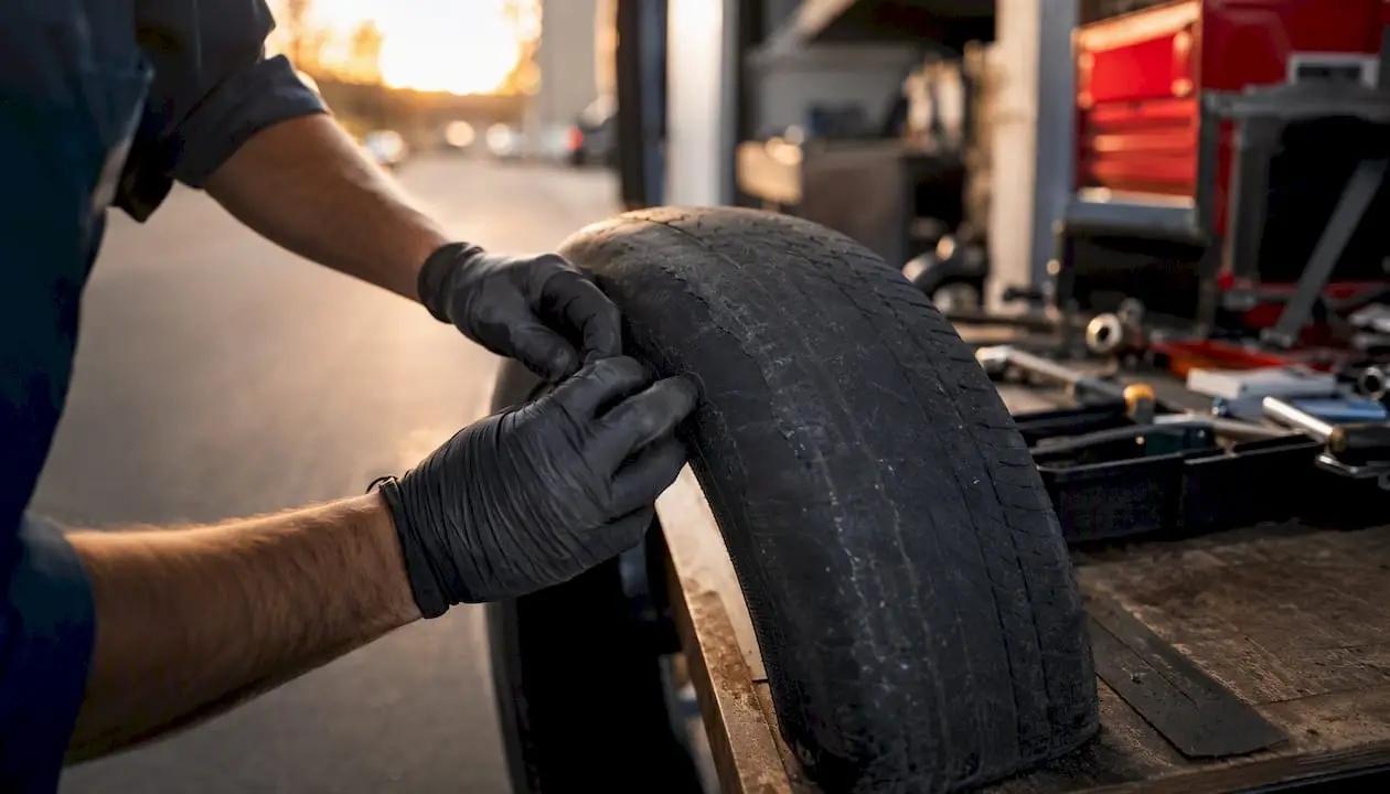 Technician inspecting worn tire sidewall closely