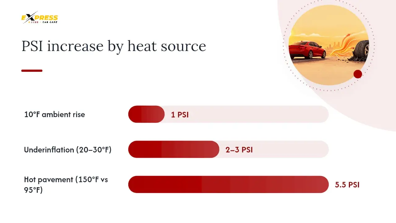 Diagram of temperature increase effect on tire pressure