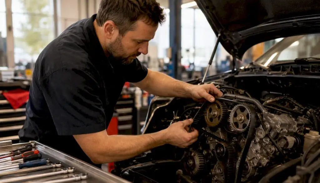 Technician fitting timing belt in engine bay