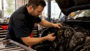 Technician fitting timing belt in engine bay