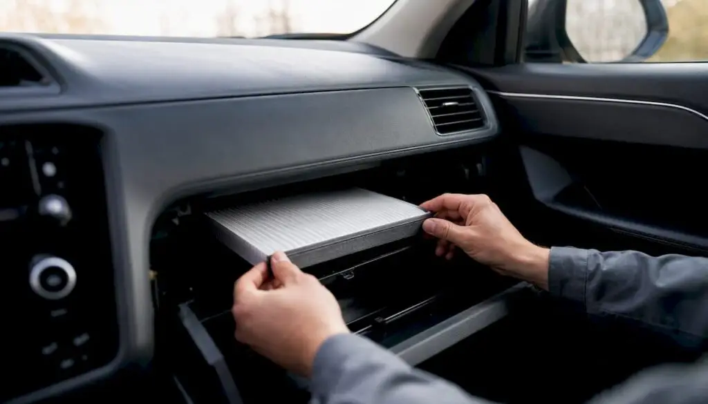 Hands removing cabin air filter in car