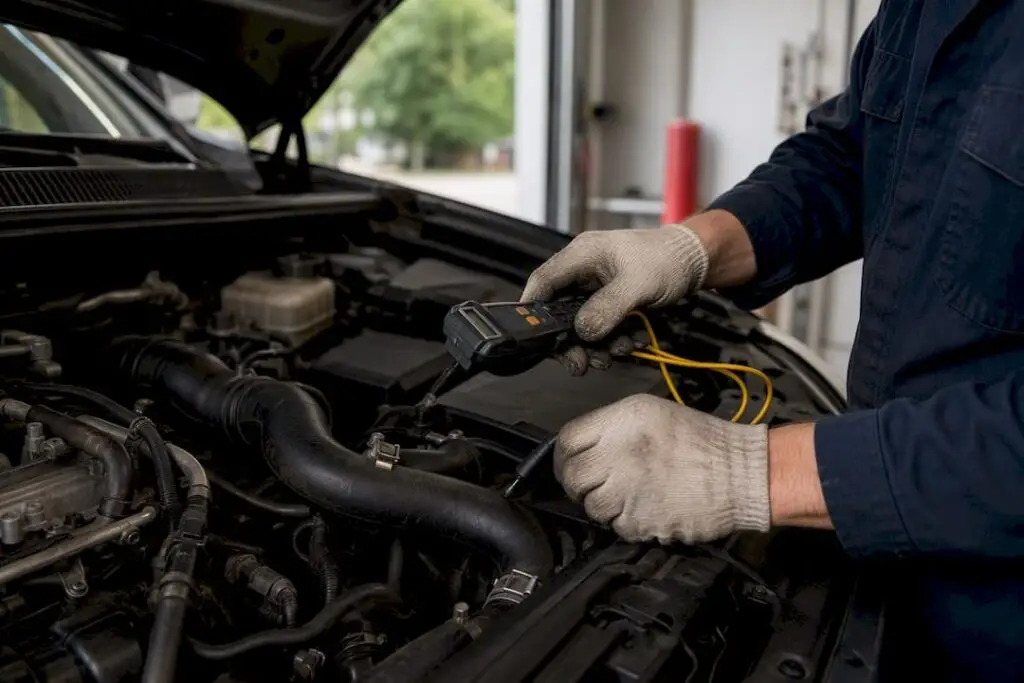 Technician testing car heater hoses under hood