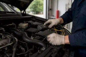 Technician testing car heater hoses under hood