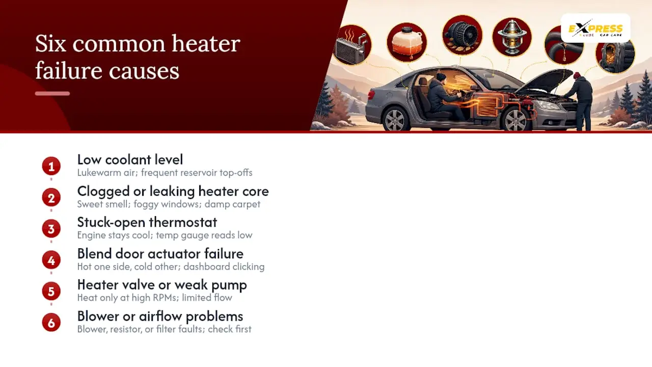 Diagram comparing common car heater failure causes