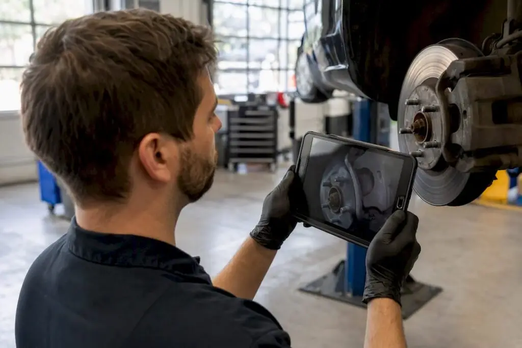 Technician photographing brake pads during inspection