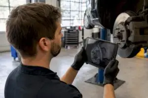 Technician photographing brake pads during inspection