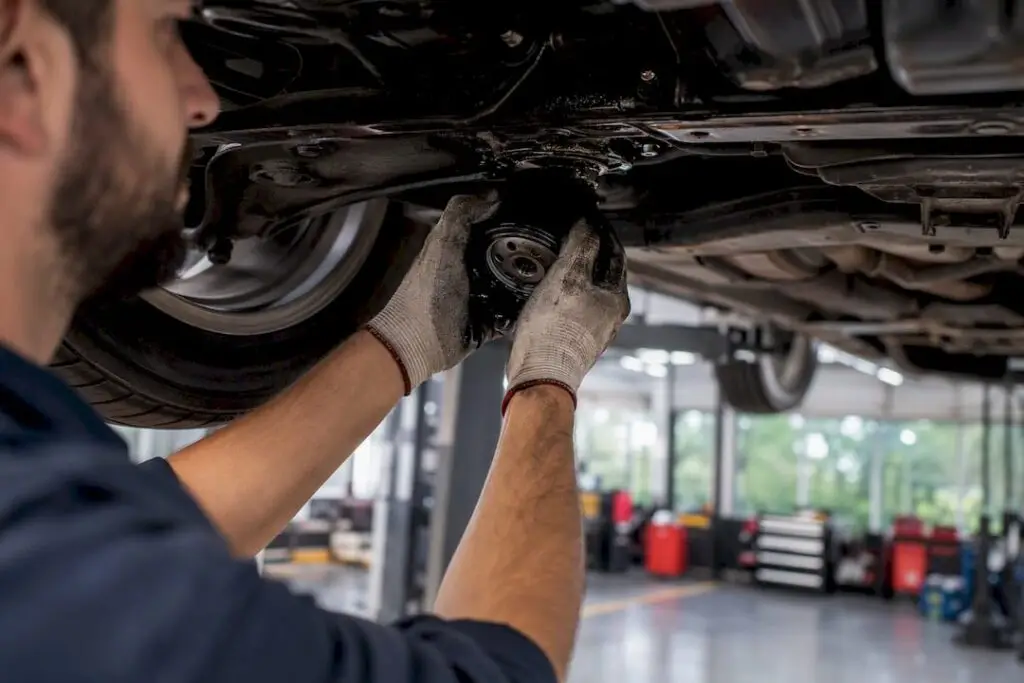 Technician removing oil filter during vehicle inspection