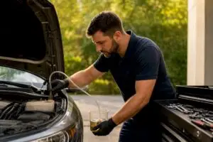 Technician flushing brake fluid in service bay