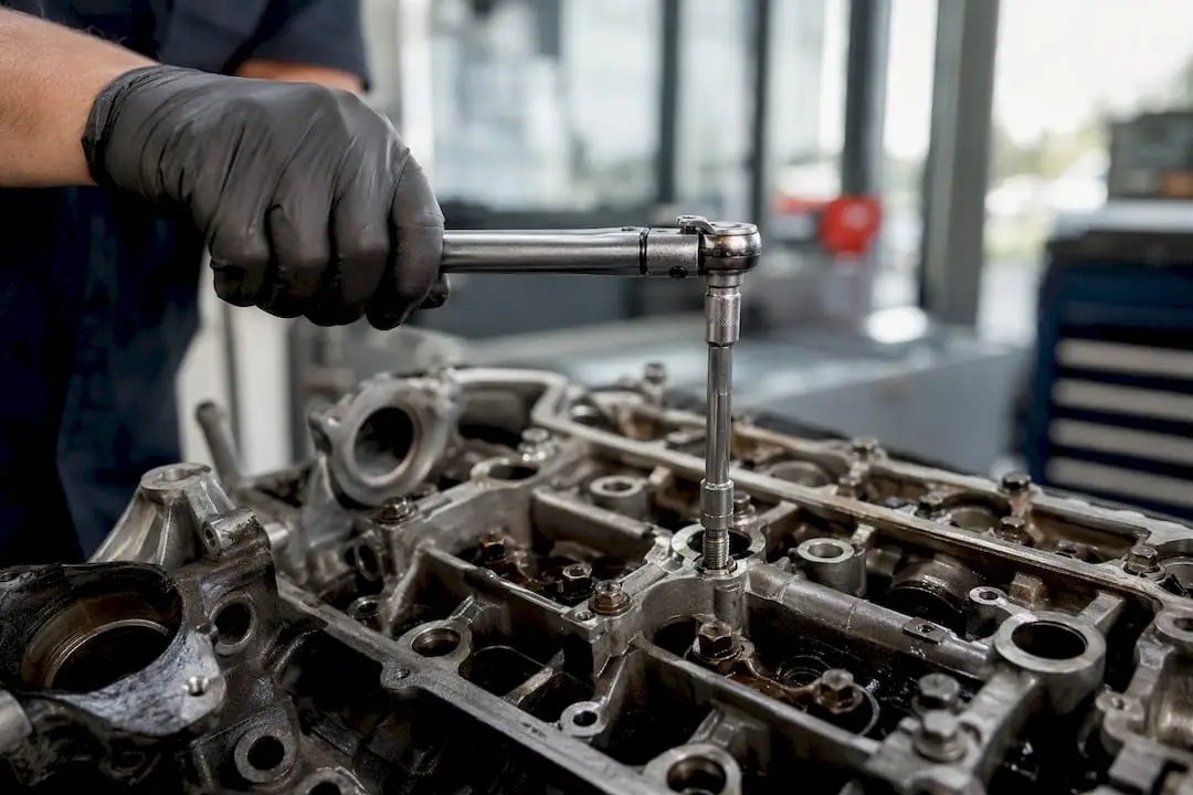 Close-up of torque wrench tightening spark plug