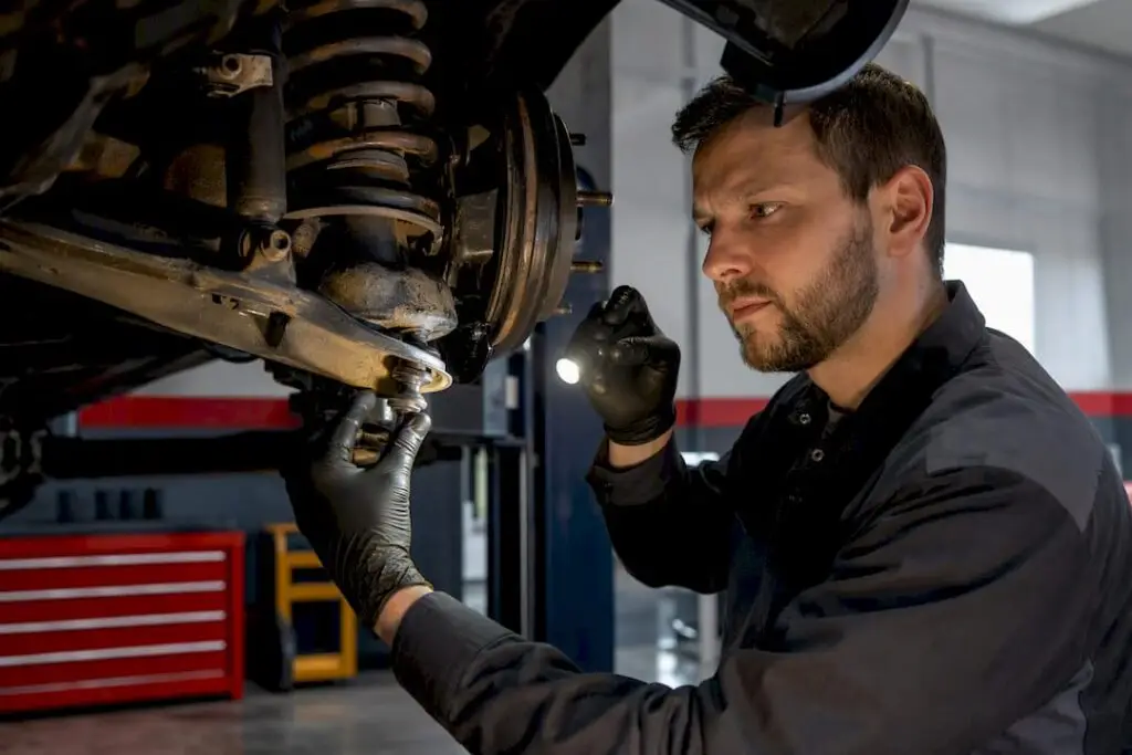 Technician inspecting a vehicle ball joint