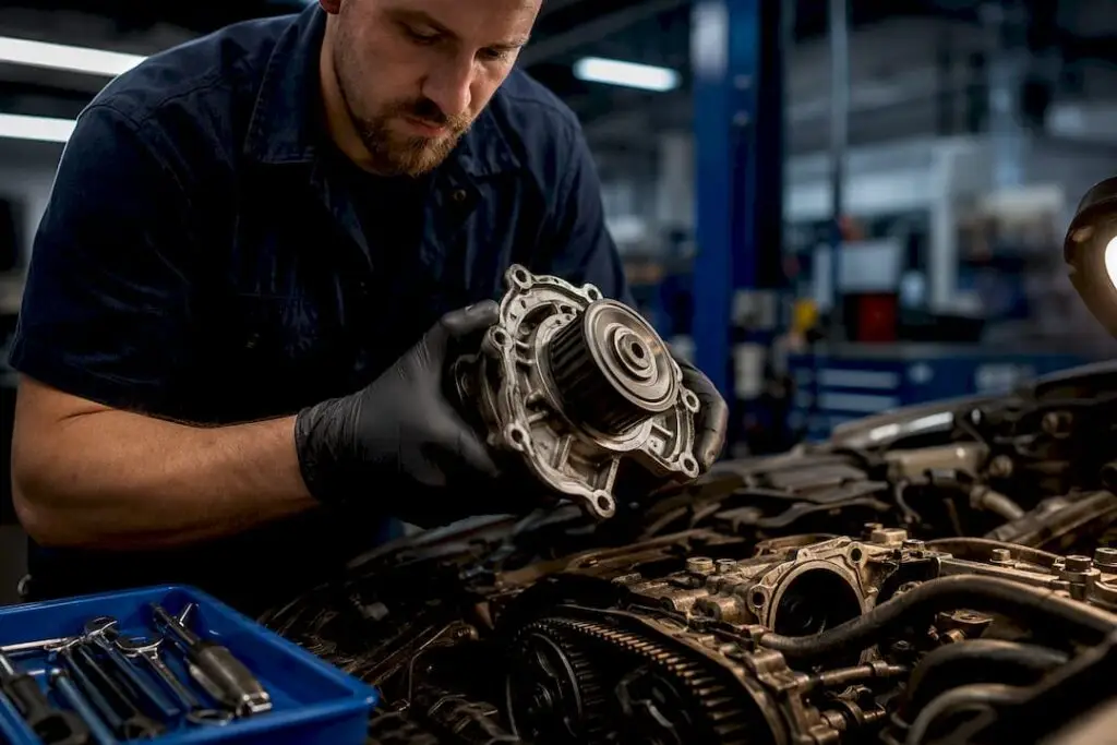 Technician replacing an automotive water pump