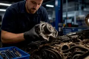 Technician replacing an automotive water pump