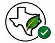 Texas outline with green leaf and check mark