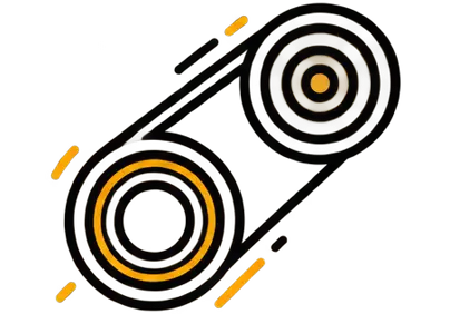 Stylized orange conveyor belt icon with two pulleys