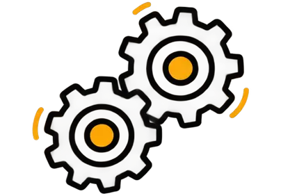 Two interlocking gears with orange centers turning