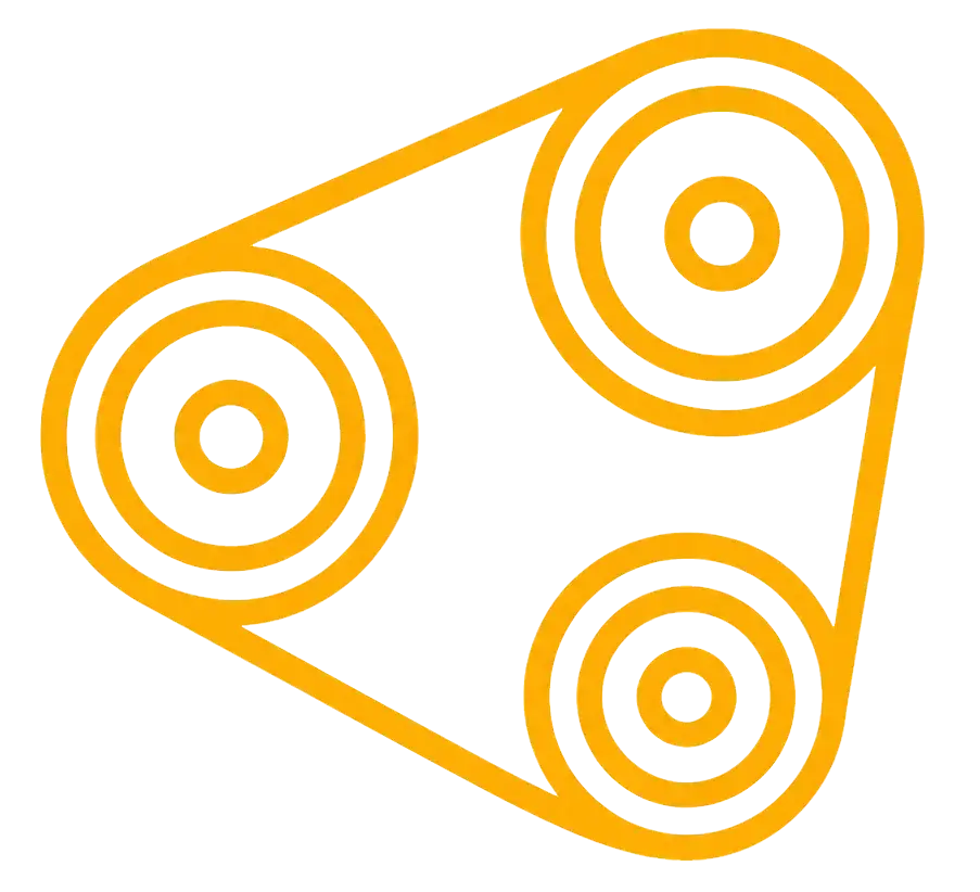 Stylized orange belt and pulley system icon