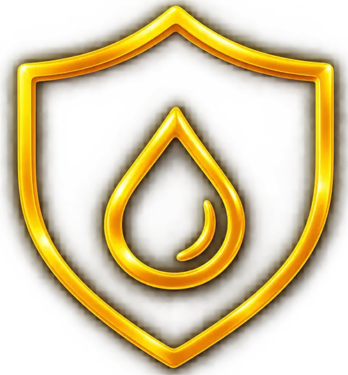 Golden shield icon with glowing liquid drop symbol