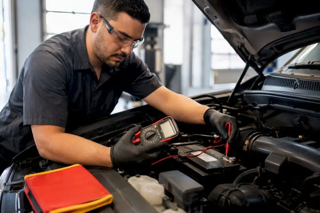 Technician testing vehicle battery voltage