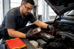 Technician testing vehicle battery voltage