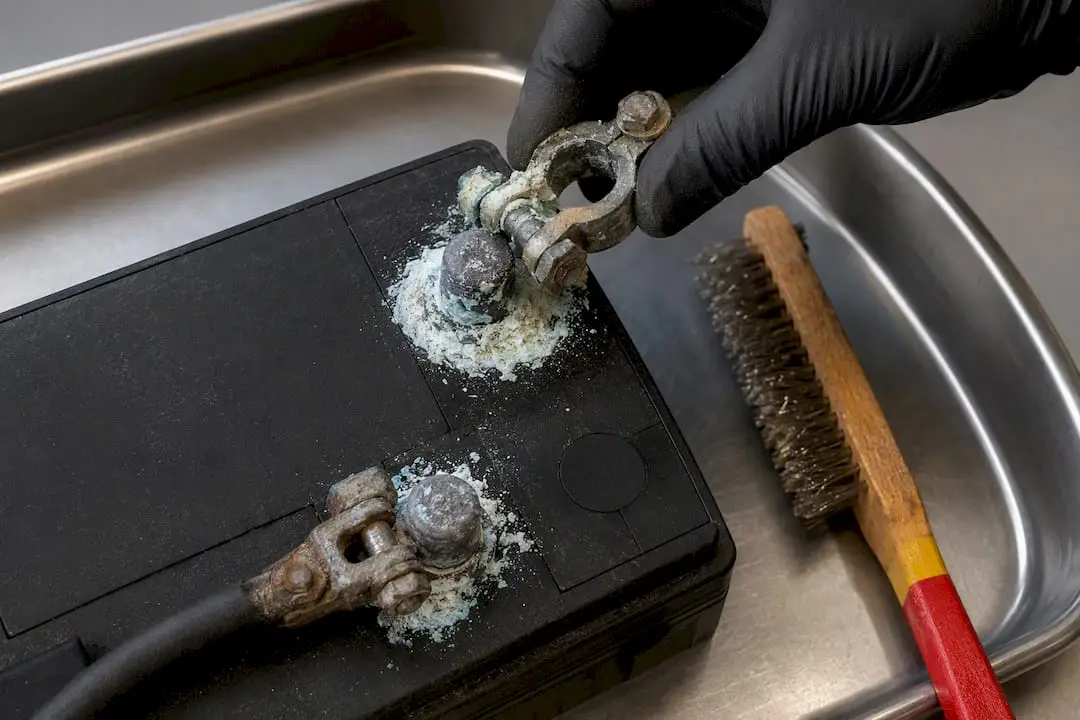 Corroded battery terminals under inspection