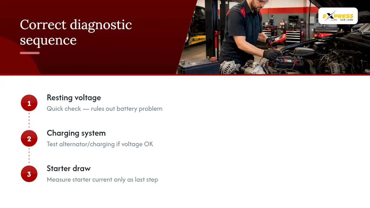 Three-stage battery charging starter diagnosis sequence