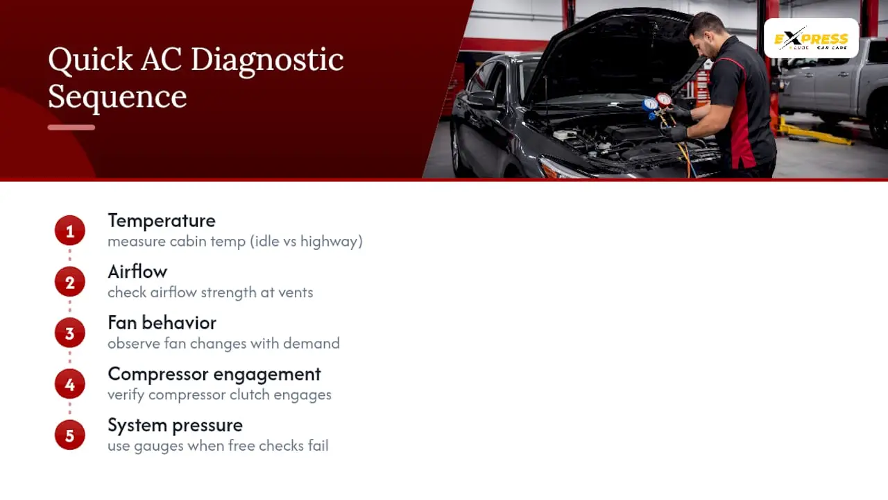 Four-step car AC diagnostic sequence