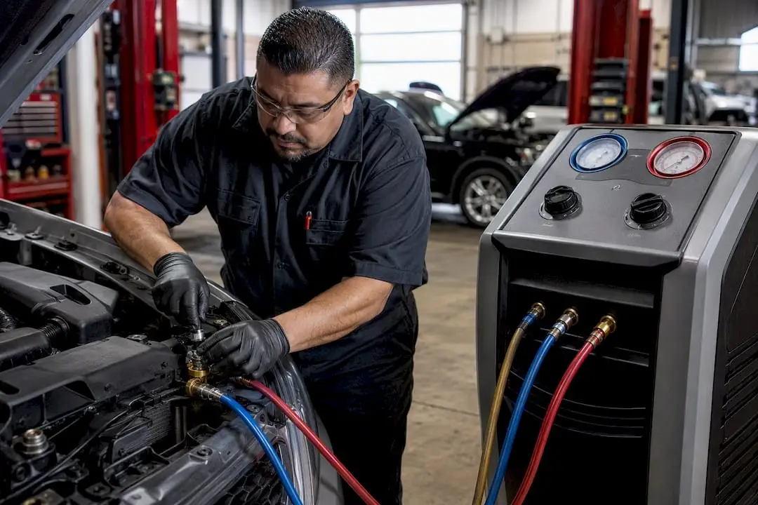 Technician connecting car AC service equipment