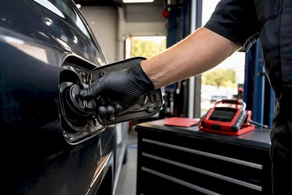Technician inspecting vehicle gas cap
