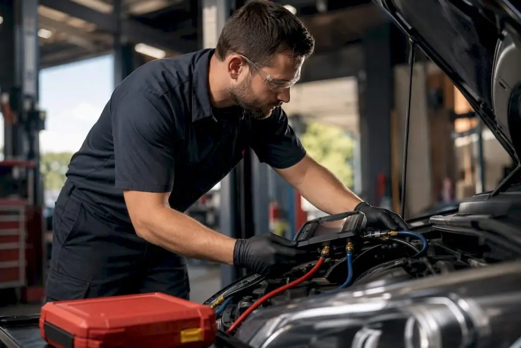Technician inspecting an automotive AC system