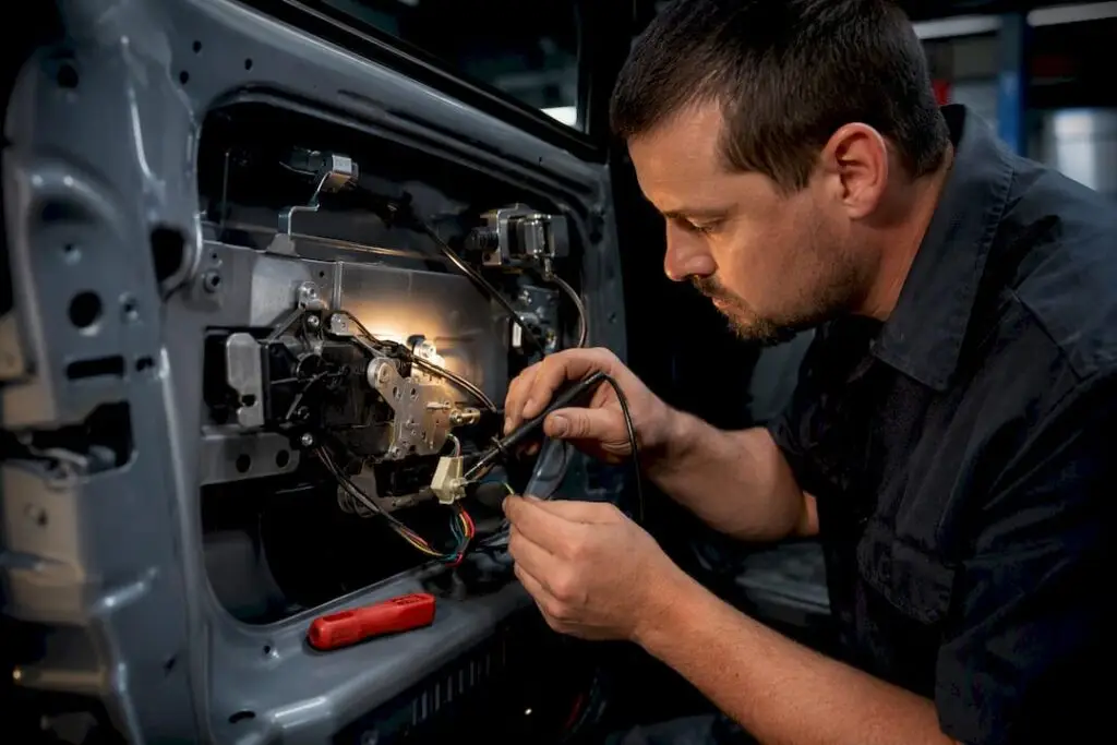 Technician diagnosing vehicle door lock mechanism