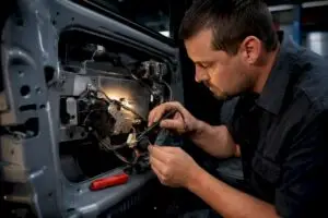 Technician diagnosing vehicle door lock mechanism