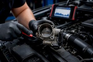 Technician inspecting an electronic throttle body