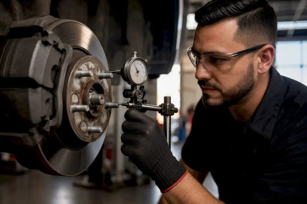 Technician measuring brake rotor runout