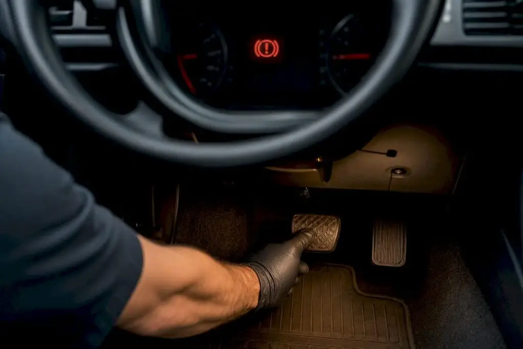 Technician testing brake pedal warning light