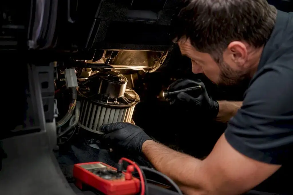 Technician inspecting a vehicle blower motor