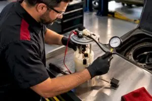 Technician testing an automotive fuel pump
