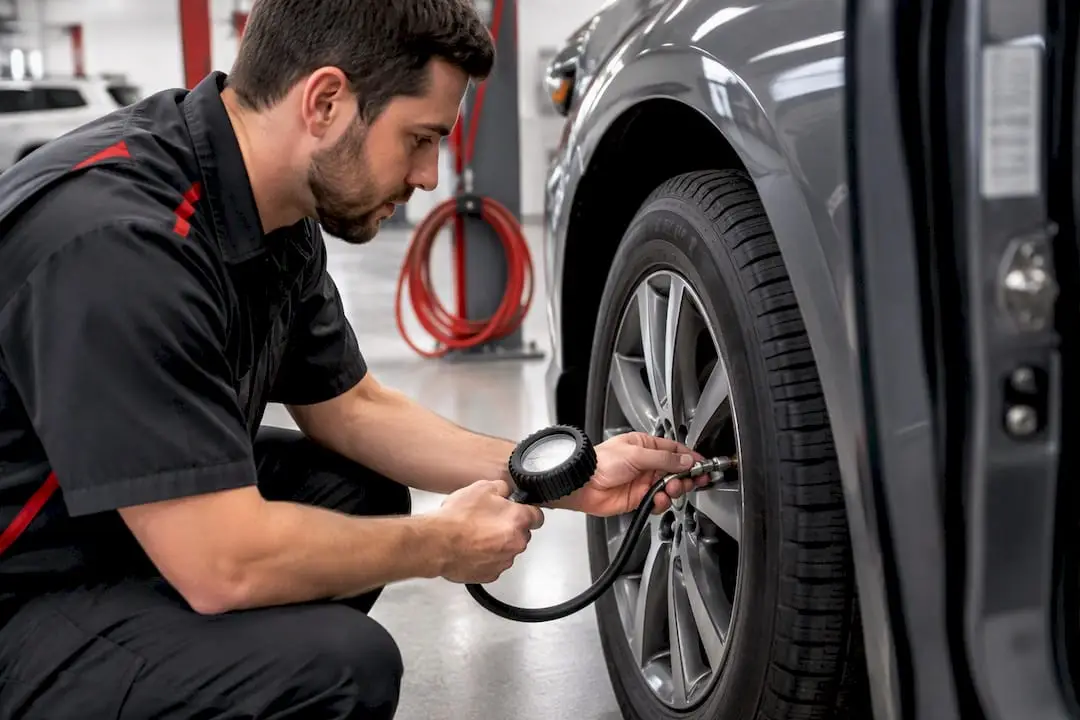 Technician checking pressure on a front tire