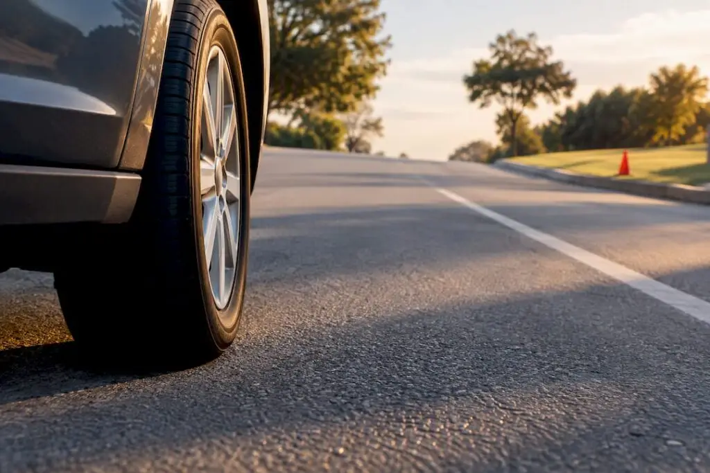 Partial vehicle wheel on a crowned road