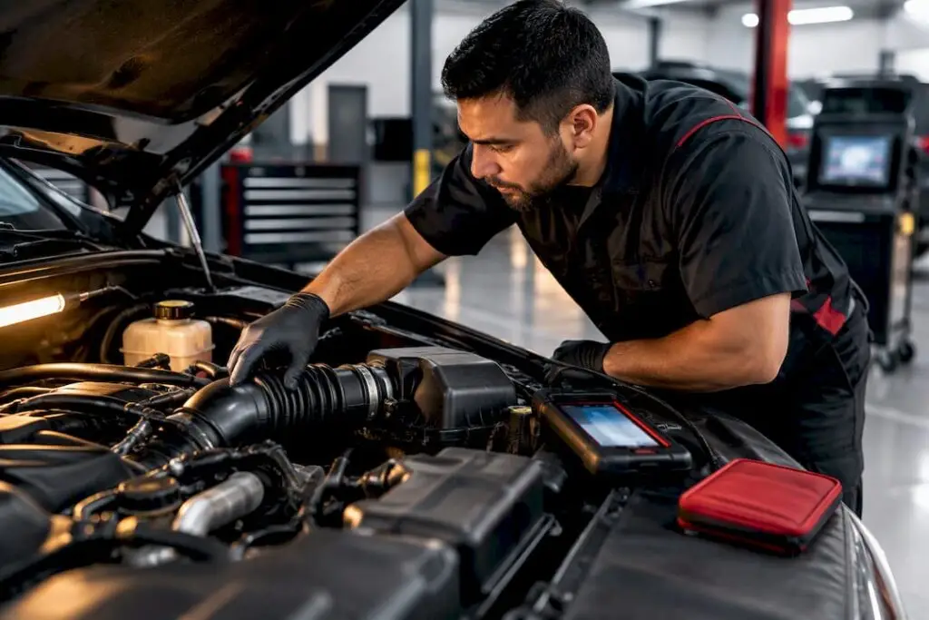 Technician diagnosing a lean engine fault