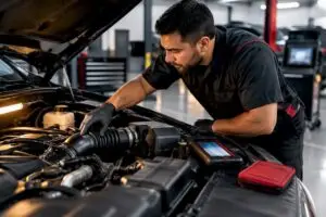 Technician diagnosing a lean engine fault